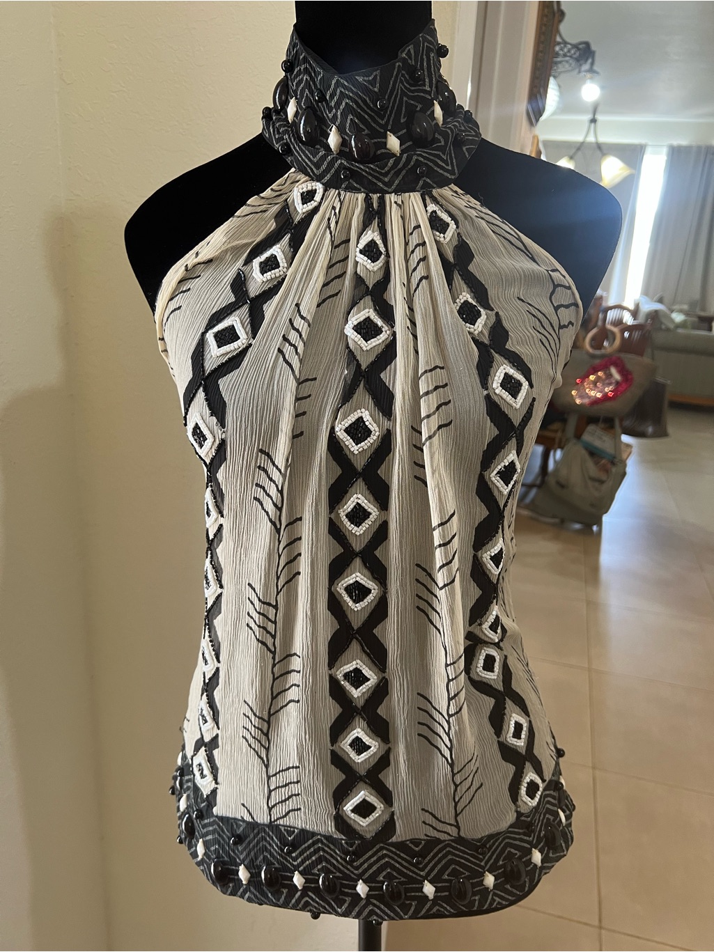 Roberto Cavalli Sleeveless Halter Beaded Geo-Print Top In Black And Ivory